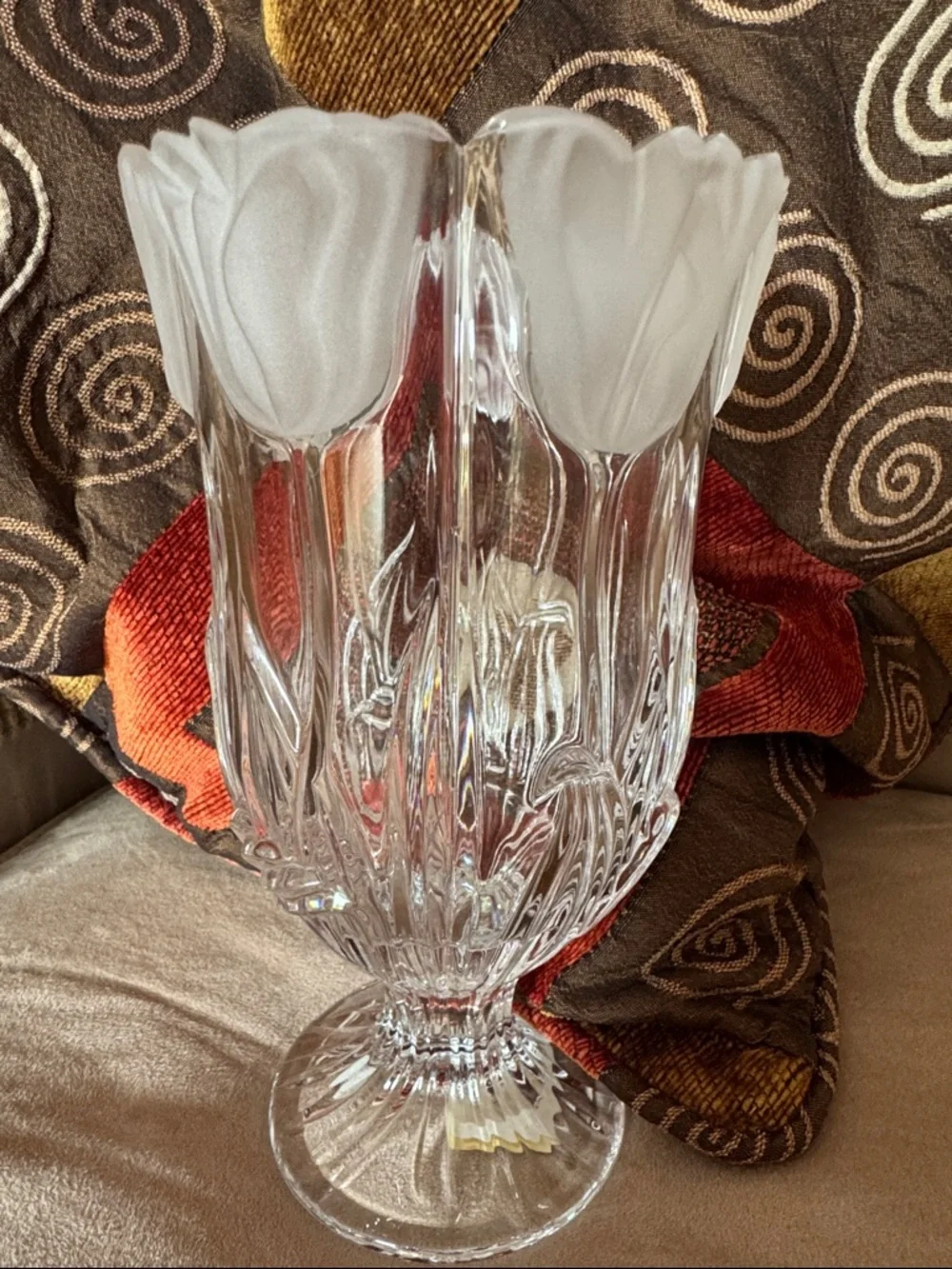 VINTAGE.‎ Block Lead Crystal Glass Tulip Vase w/ Frosted Petal. Candle. 8